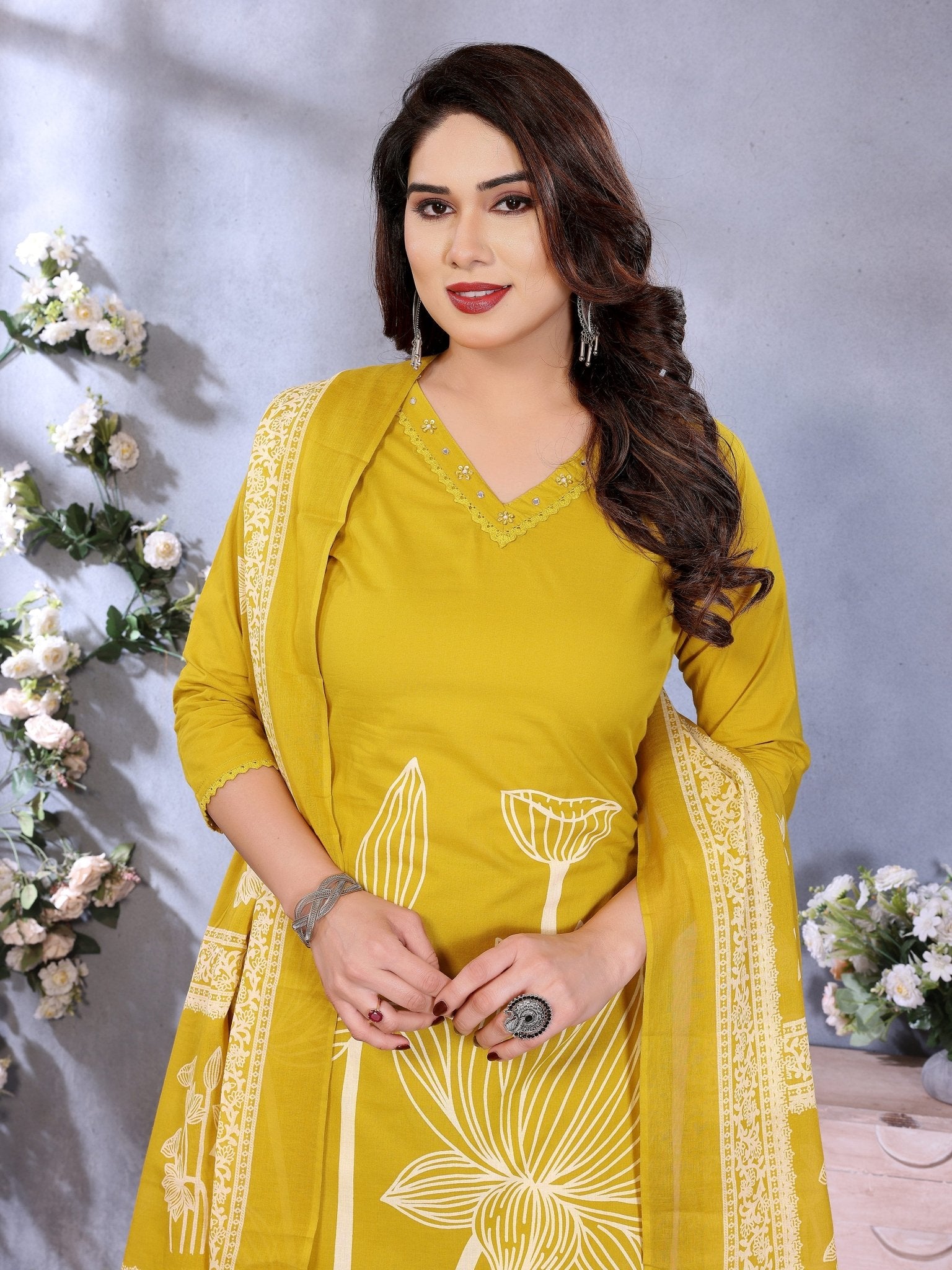 Yellow Printed Pure Cotton Kurta Set — fabric detail — Yellow comfortable pure cotton