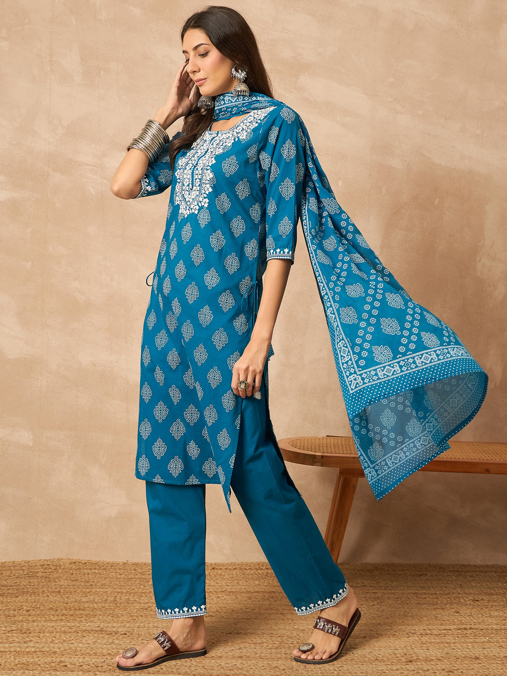 Blue Pure Cotton Kurta Set — side view — Blue Pure Cotton women — Banwaree 2