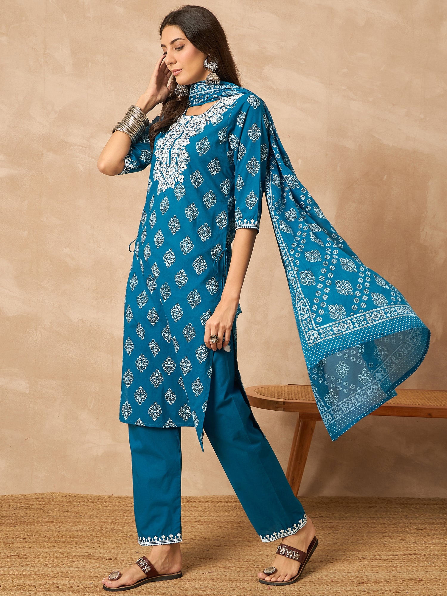 Blue Pure Cotton Kurta Set — side view — Blue Pure Cotton women — Banwaree 2