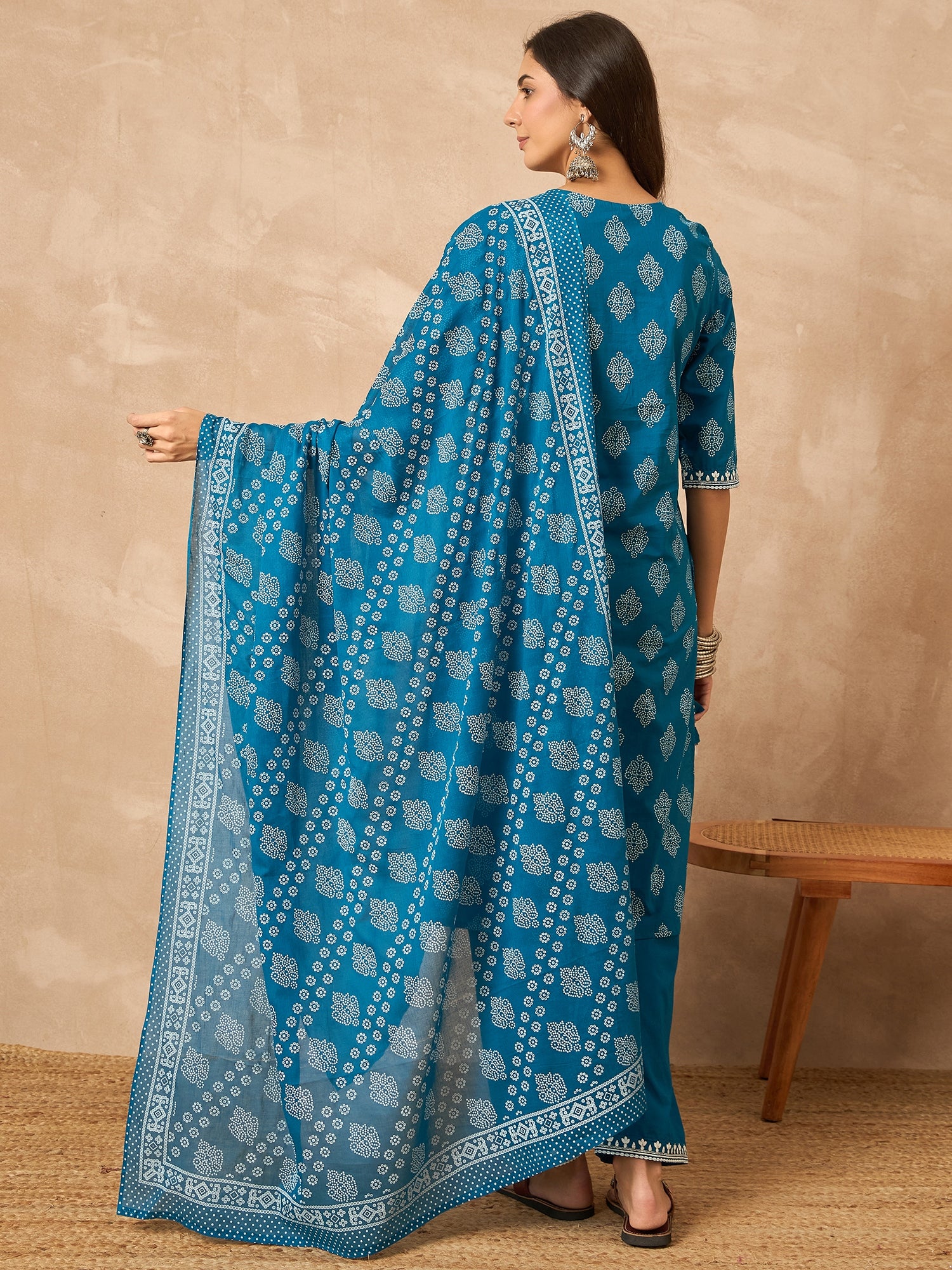Blue Pure Cotton Kurta Set — back view with dupatta — Banwaree India 2