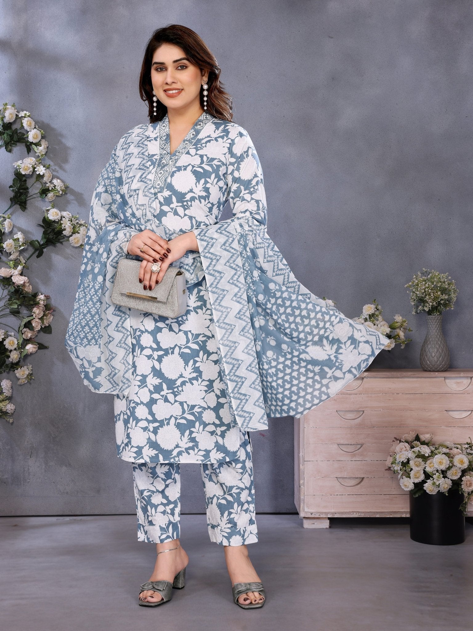 Printed Blue Kurta Set in Cotton Blend — front view — pure cotton ethnic wear women