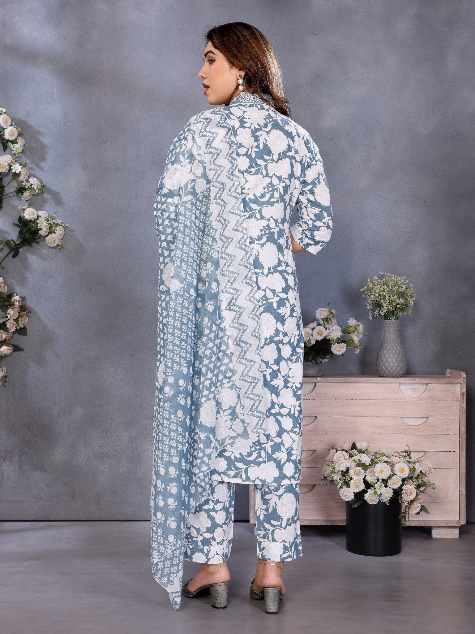 Printed Blue Kurta Set in Cotton Blend — back view with dupatta — Banwaree India