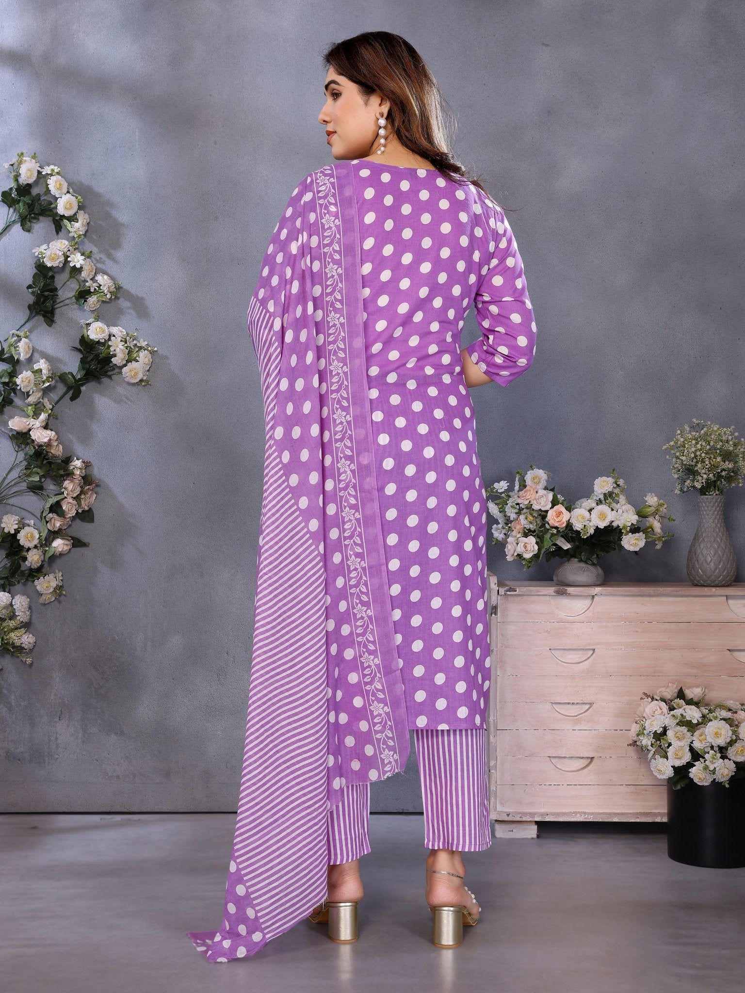 Lavender Cotton Blend Straight Kurta Set — back view with dupatta — Banwaree India