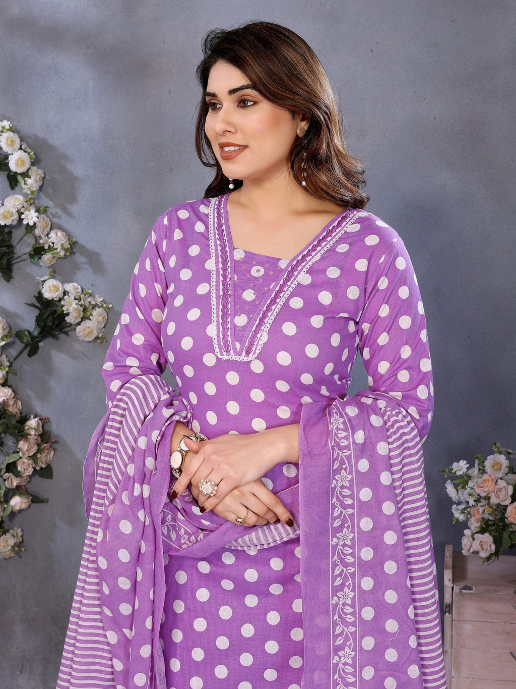 Lavender Cotton Blend Straight Kurta Set — fabric detail — Lavender breathable cotton blend