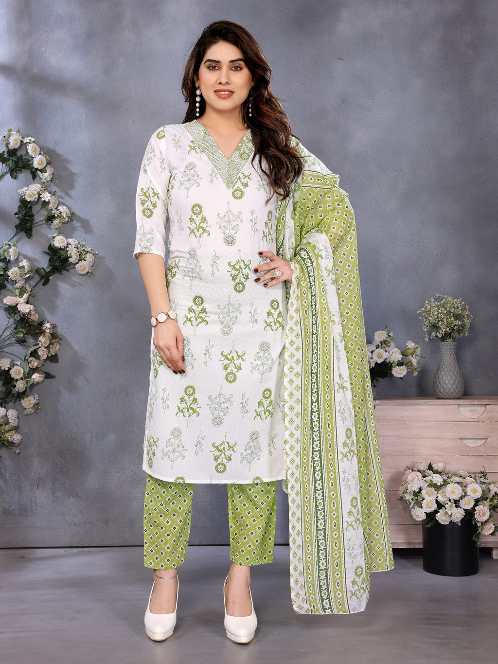 Green Straight Kurta Set — front view — pure cotton ethnic wear women