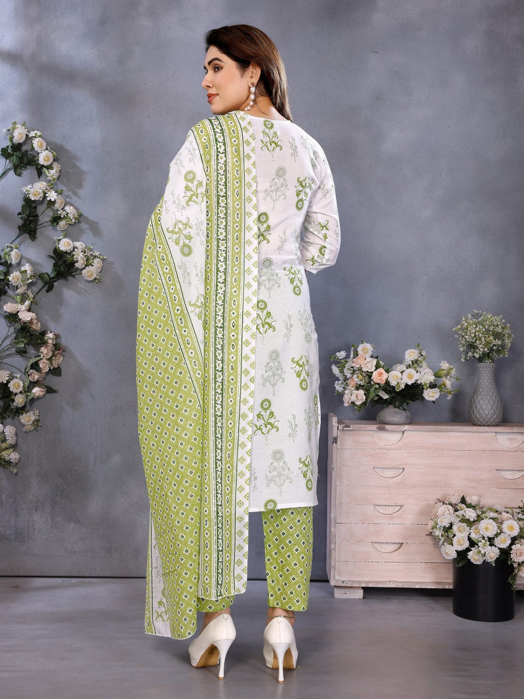 Green Straight Kurta Set — back view with dupatta — Banwaree India