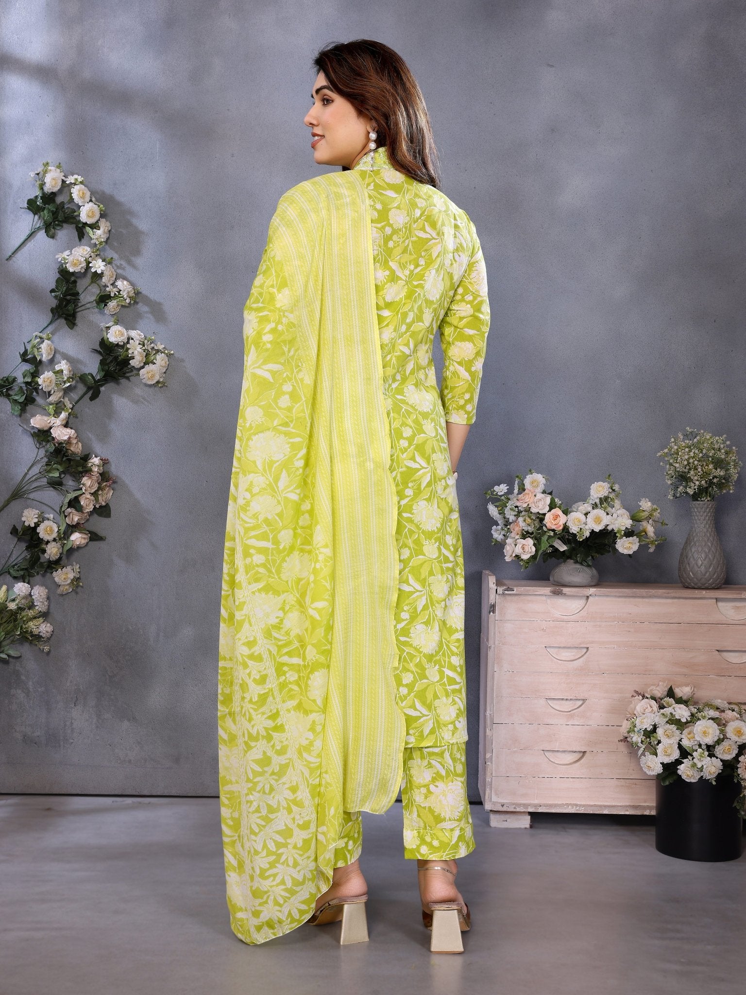 Green Printed Cotton Blend Ethnic Kurta Set — back view with dupatta — Banwaree India