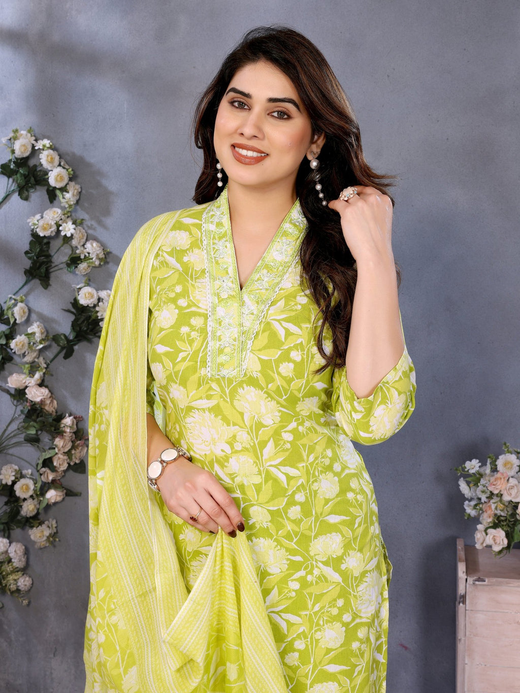 Green Printed Cotton Blend Ethnic Kurta Set — fabric detail — Green breathable cotton blend