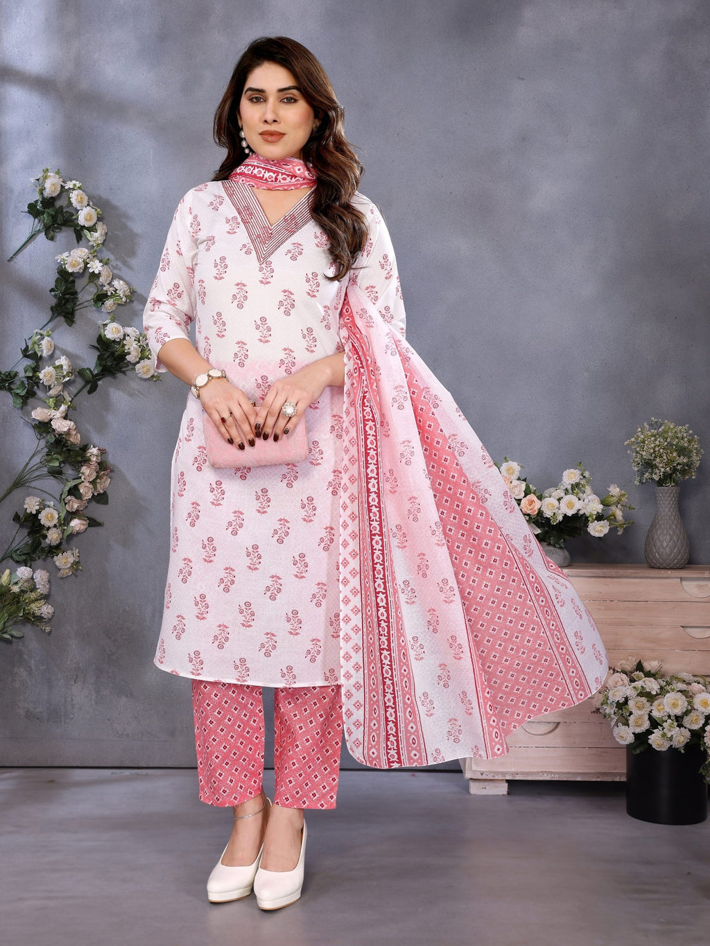 Ethnic Peach Cotton Blend Printed Kurta Set — front view — pure cotton ethnic wear women