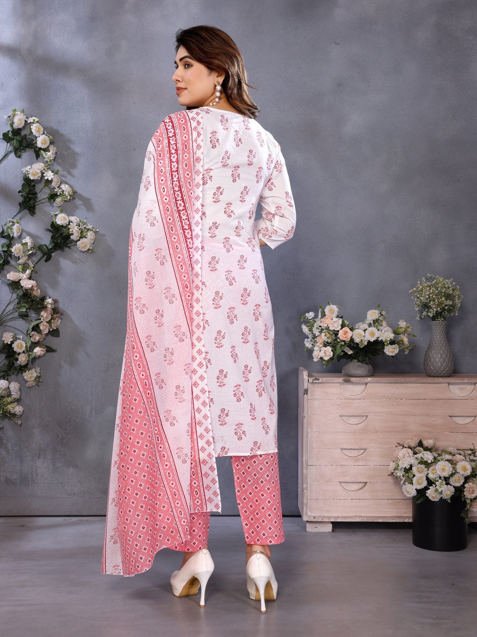 Ethnic Peach Cotton Blend Printed Kurta Set — back view with dupatta — Banwaree India