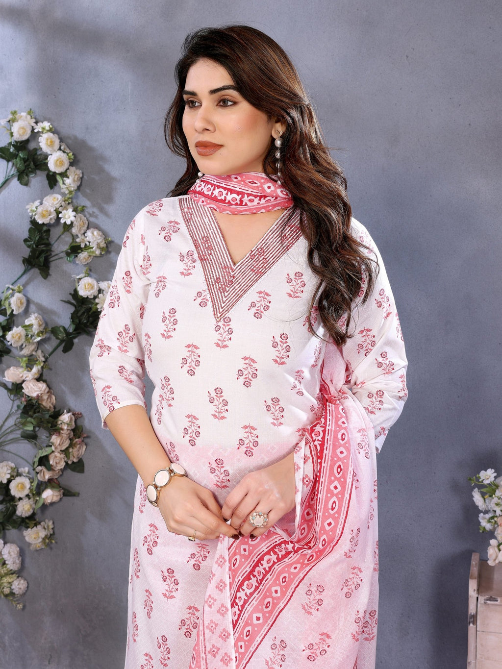 Ethnic Peach Cotton Blend Printed Kurta Set — fabric detail — Peach breathable cotton blend