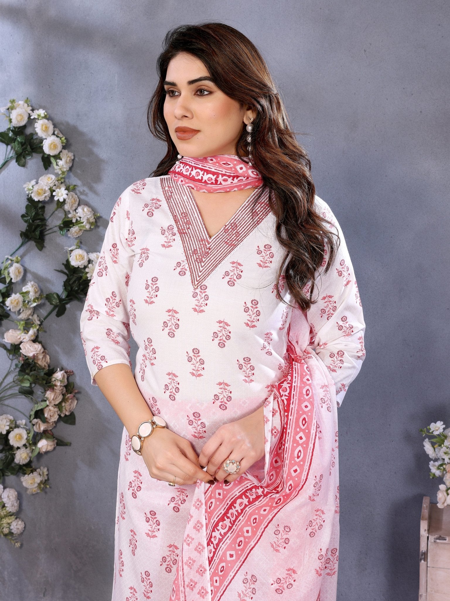 Ethnic Peach Cotton Blend Printed Kurta Set — fabric detail — Peach breathable cotton blend