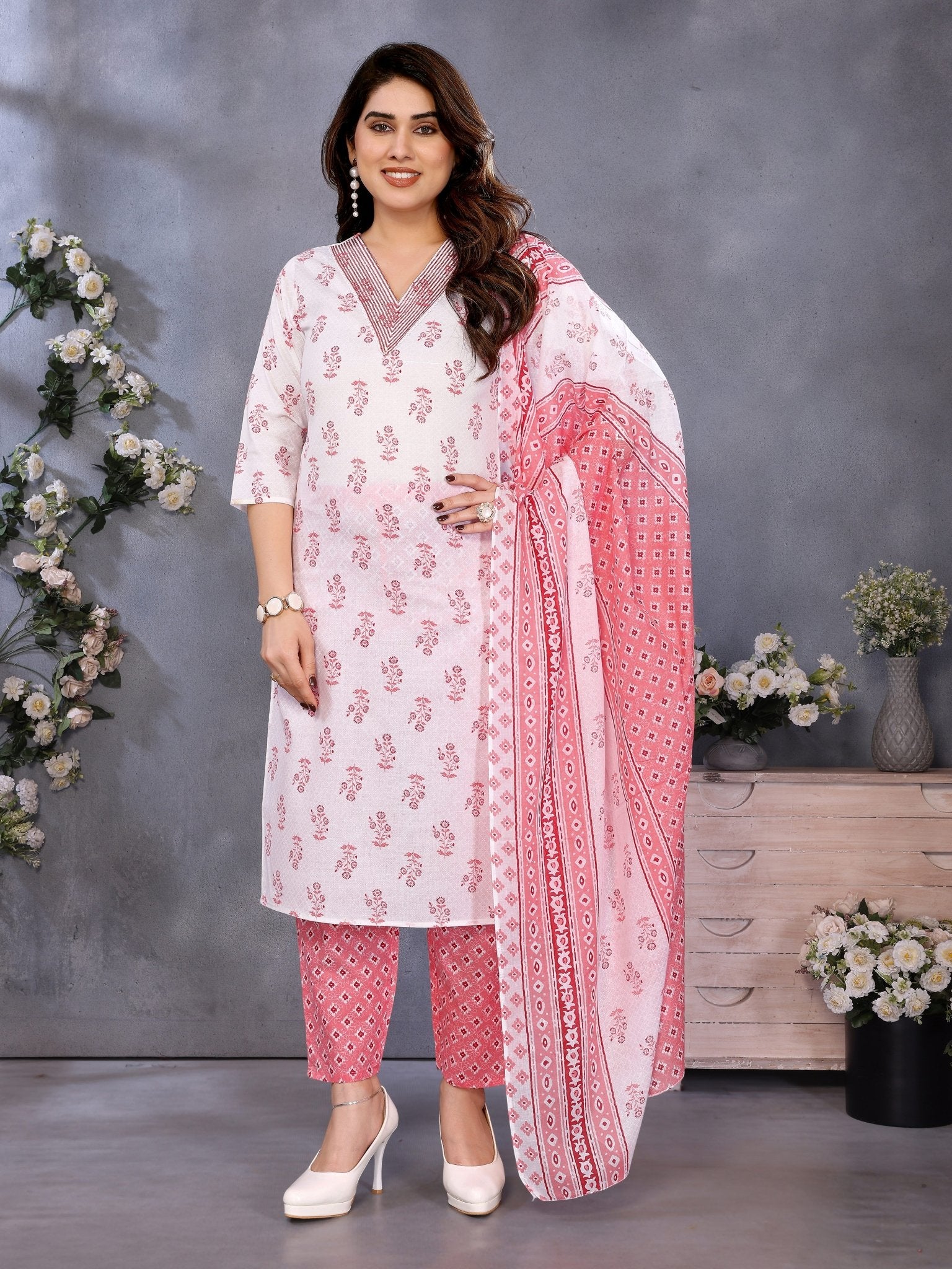 Ethnic Peach Cotton Blend Printed Kurta Set — summer styling — casual cotton blend — Banwaree