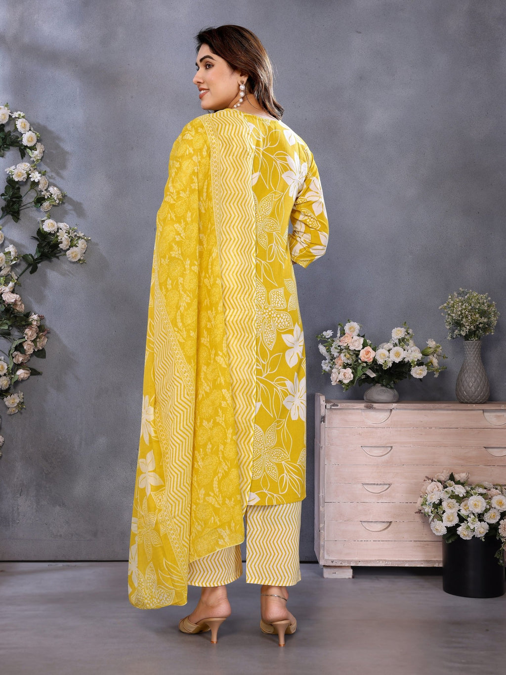 Yellow Cotton Blend Kurta Set — back view with dupatta — Banwaree India