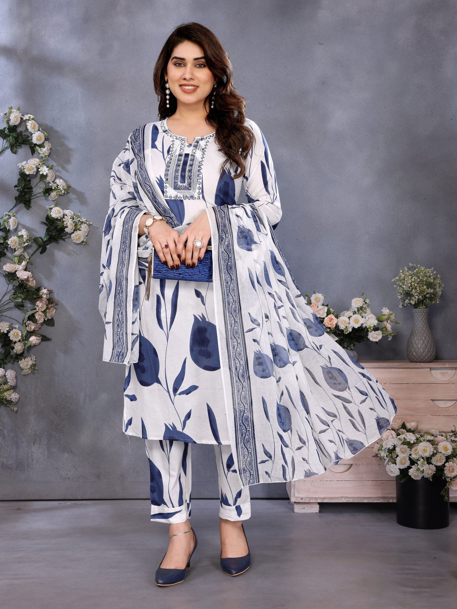Blue Cotton Blend Kurta Set with Printed Dupatta with E — front view — pure cotton ethnic wear women