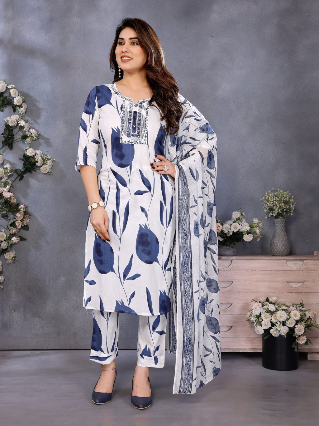 Blue Cotton Blend Kurta Set with Printed Dupatta with E — side view — Blue Cotton Blend women — Banwaree