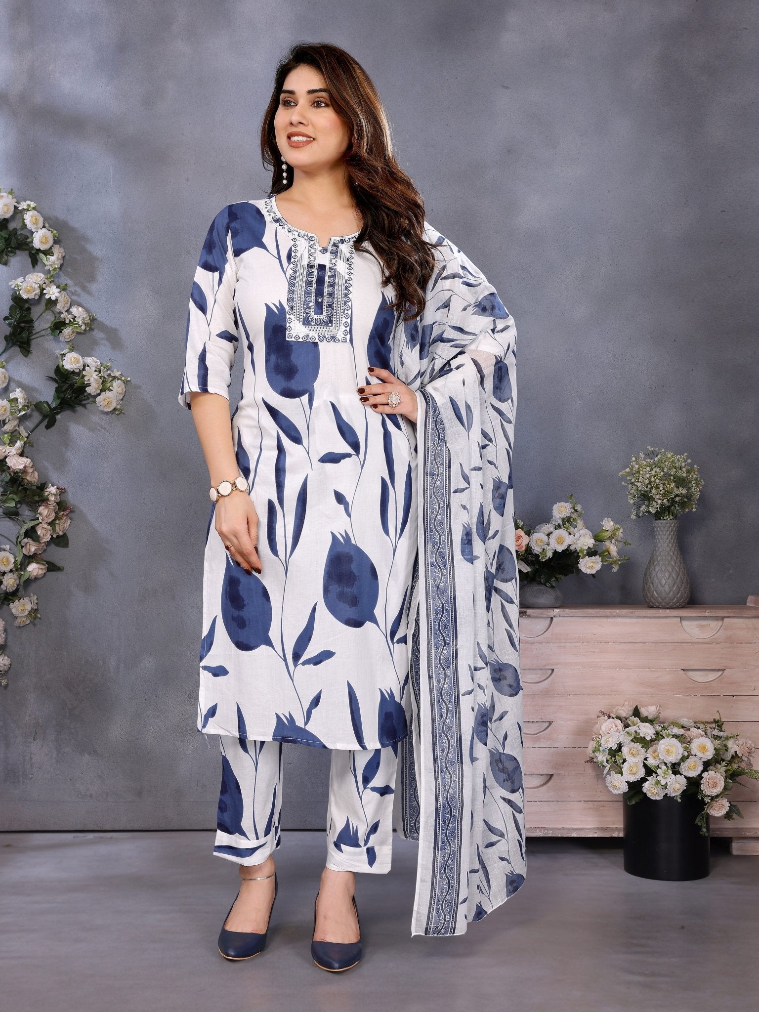 Blue Cotton Blend Kurta Set with Printed Dupatta with E — side view — Blue Cotton Blend women — Banwaree
