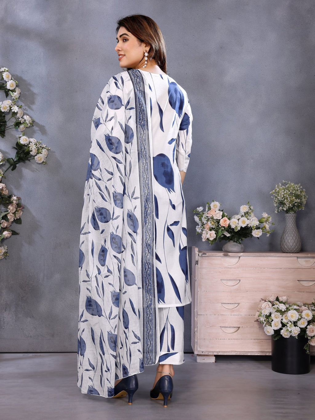 Blue Cotton Blend Kurta Set with Printed Dupatta with E — back view with dupatta — Banwaree India