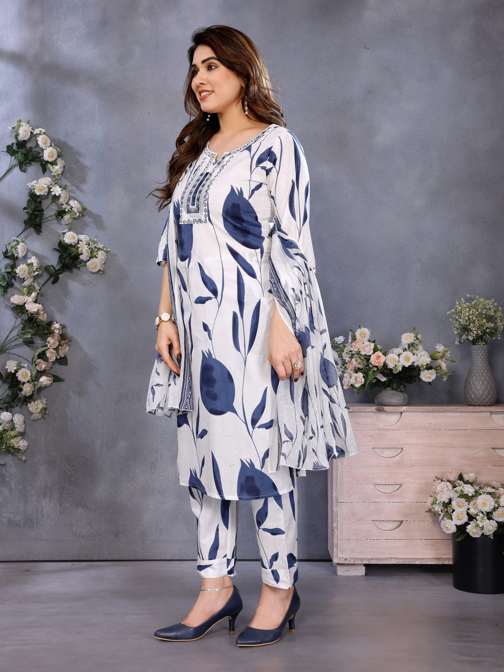 Blue Cotton Blend Kurta Set with Printed Dupatta with E — everyday styling — casual cotton blend — Banwaree