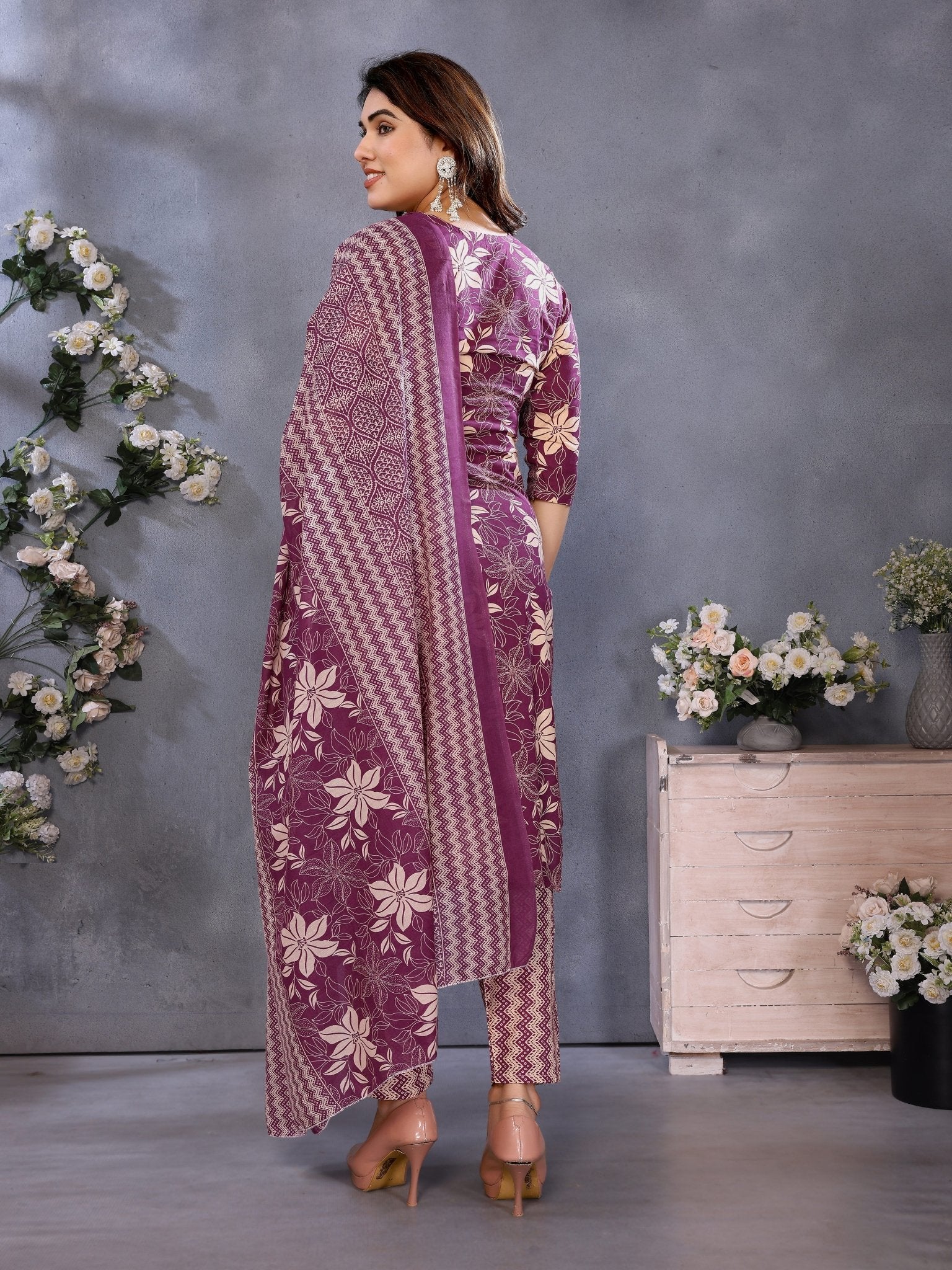 Wine Cotton Blend Festive Kurta Set — back view with dupatta — Banwaree India