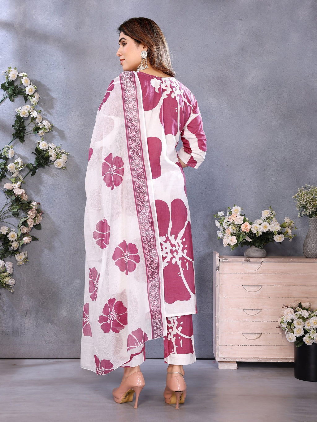 Maroon Printed Kurta Set — back view with dupatta — Banwaree India 2