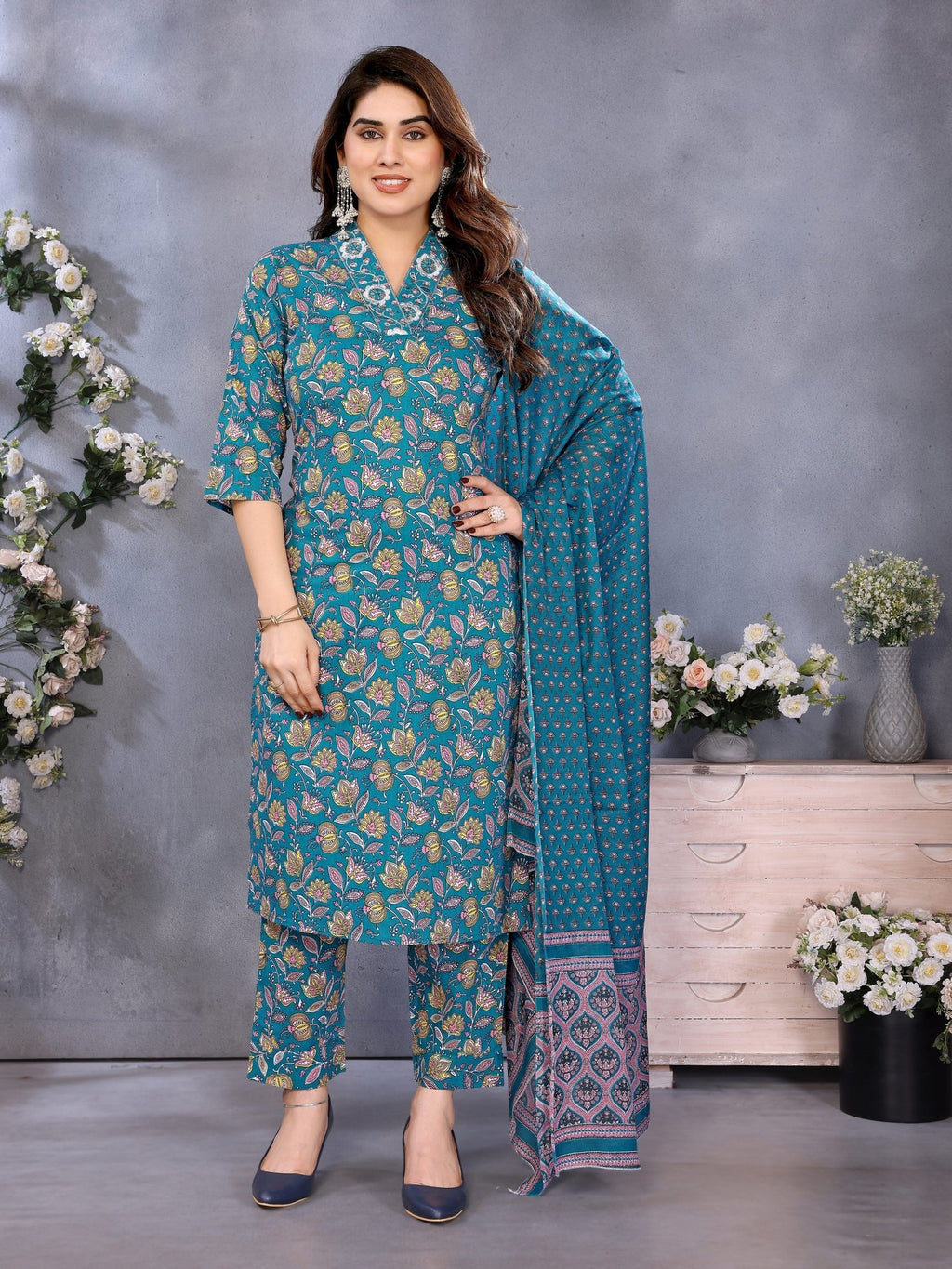 Blue Cotton Blend Printed Ethnic Kurta Set — front view — pure cotton ethnic wear women 2