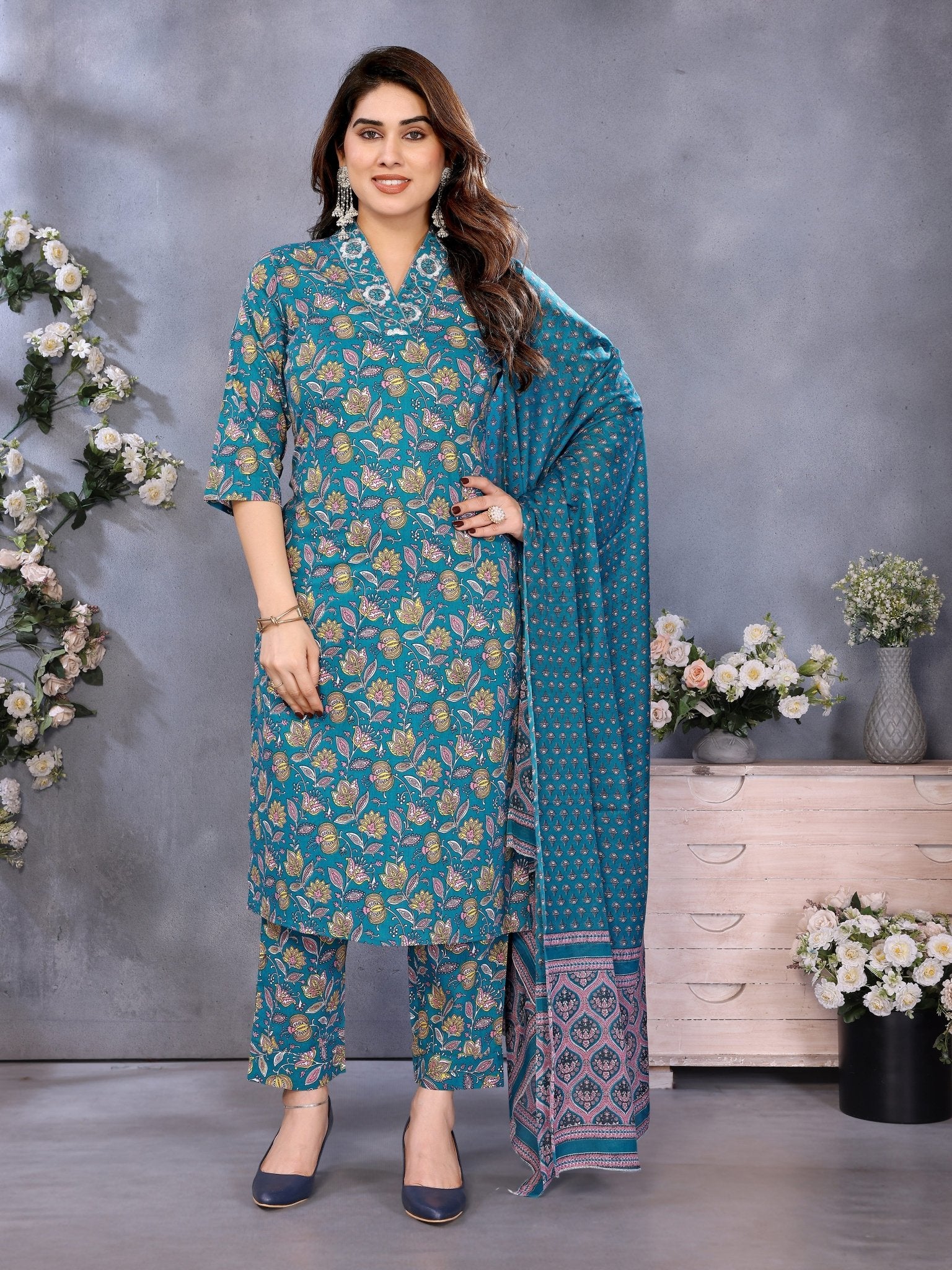 Blue Cotton Blend Printed Ethnic Kurta Set — front view — pure cotton ethnic wear women 2