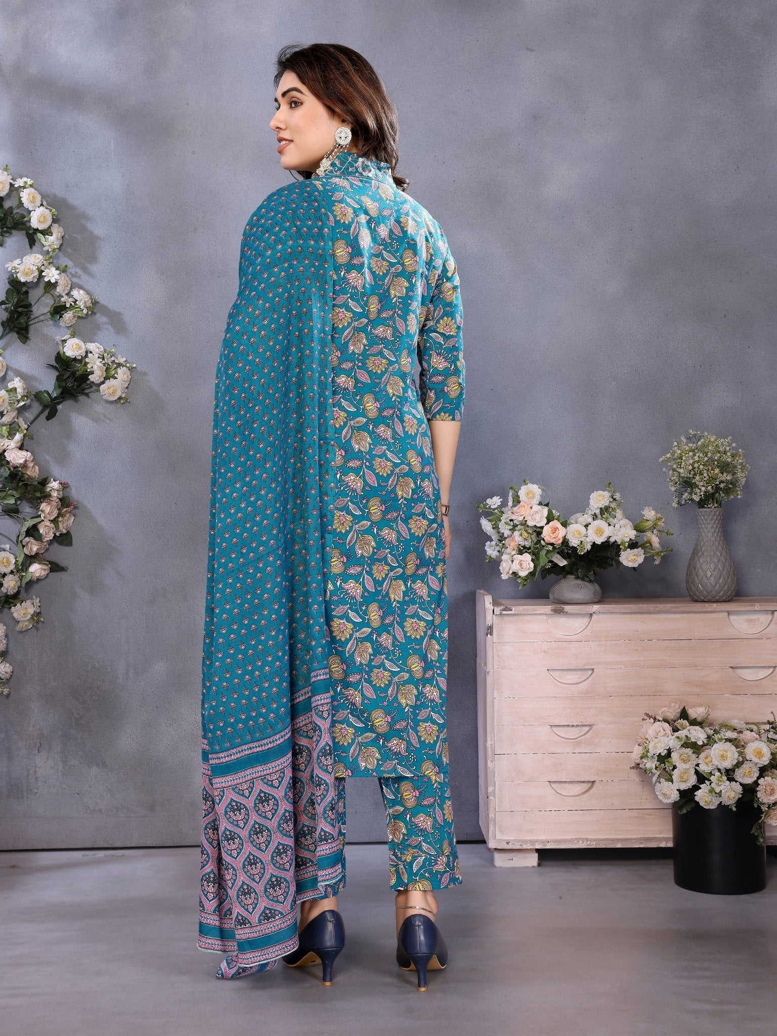 Blue Cotton Blend Printed Ethnic Kurta Set — back view with dupatta — Banwaree India 2