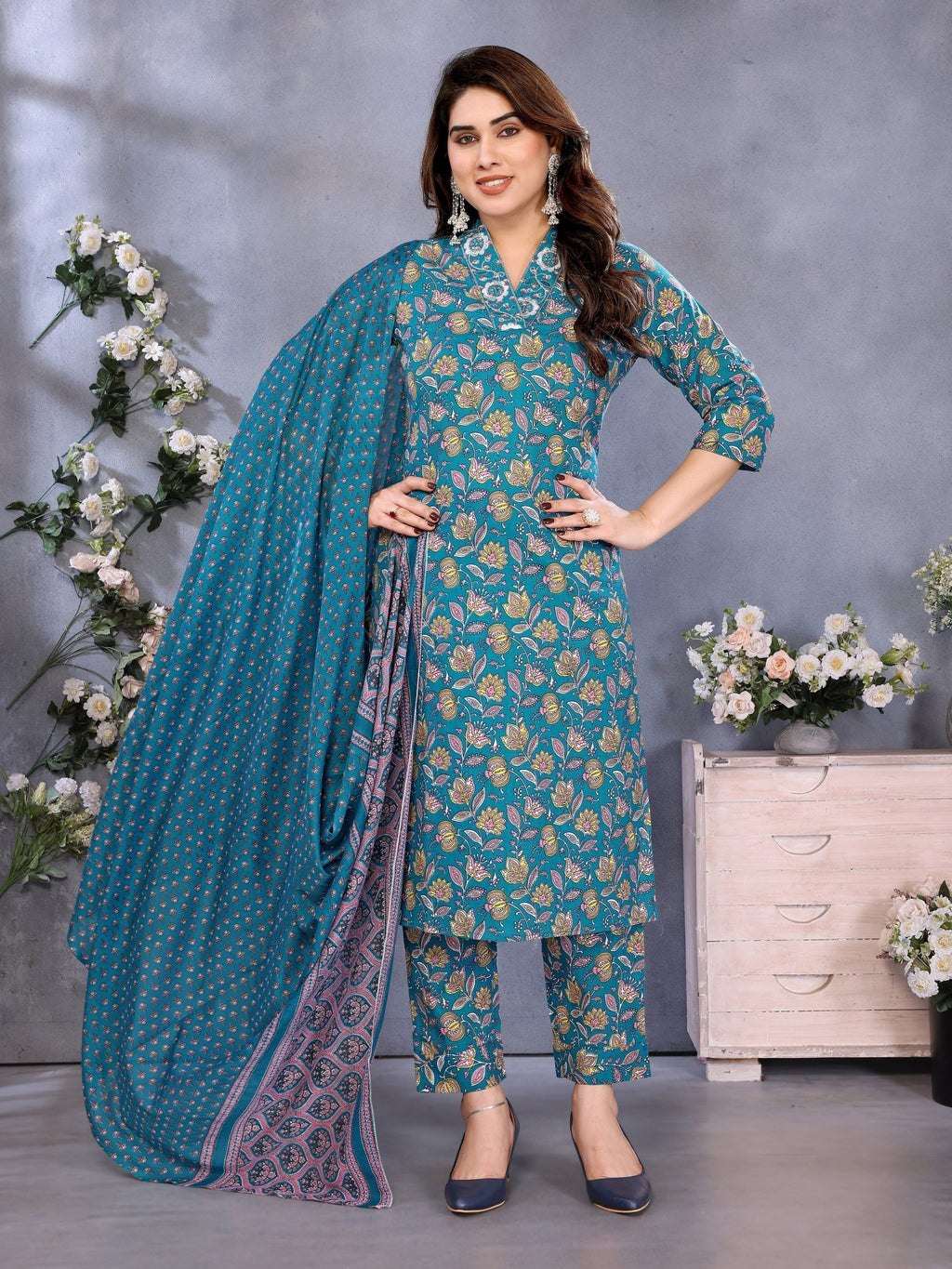 Blue Cotton Blend Printed Ethnic Kurta Set — everyday styling — casual cotton blend — Banwaree 2