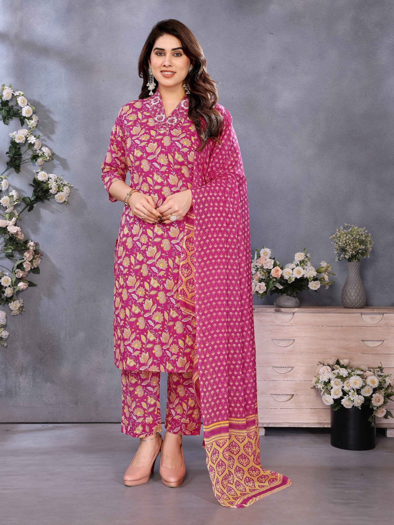 Printed Maroon Cotton Blend Kurta Set — front view — pure cotton ethnic wear women