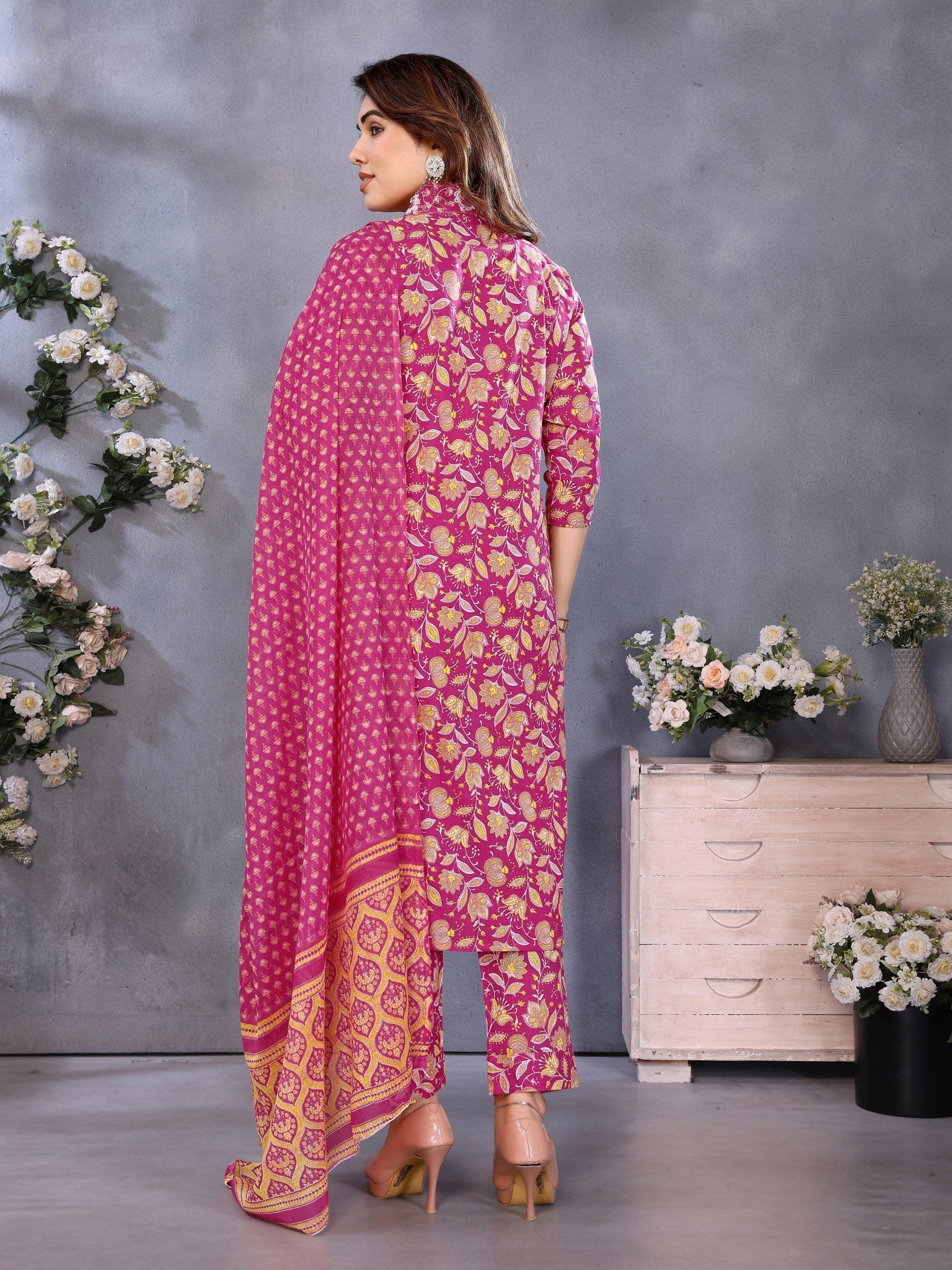 Printed Maroon Cotton Blend Kurta Set — back view with dupatta — Banwaree India