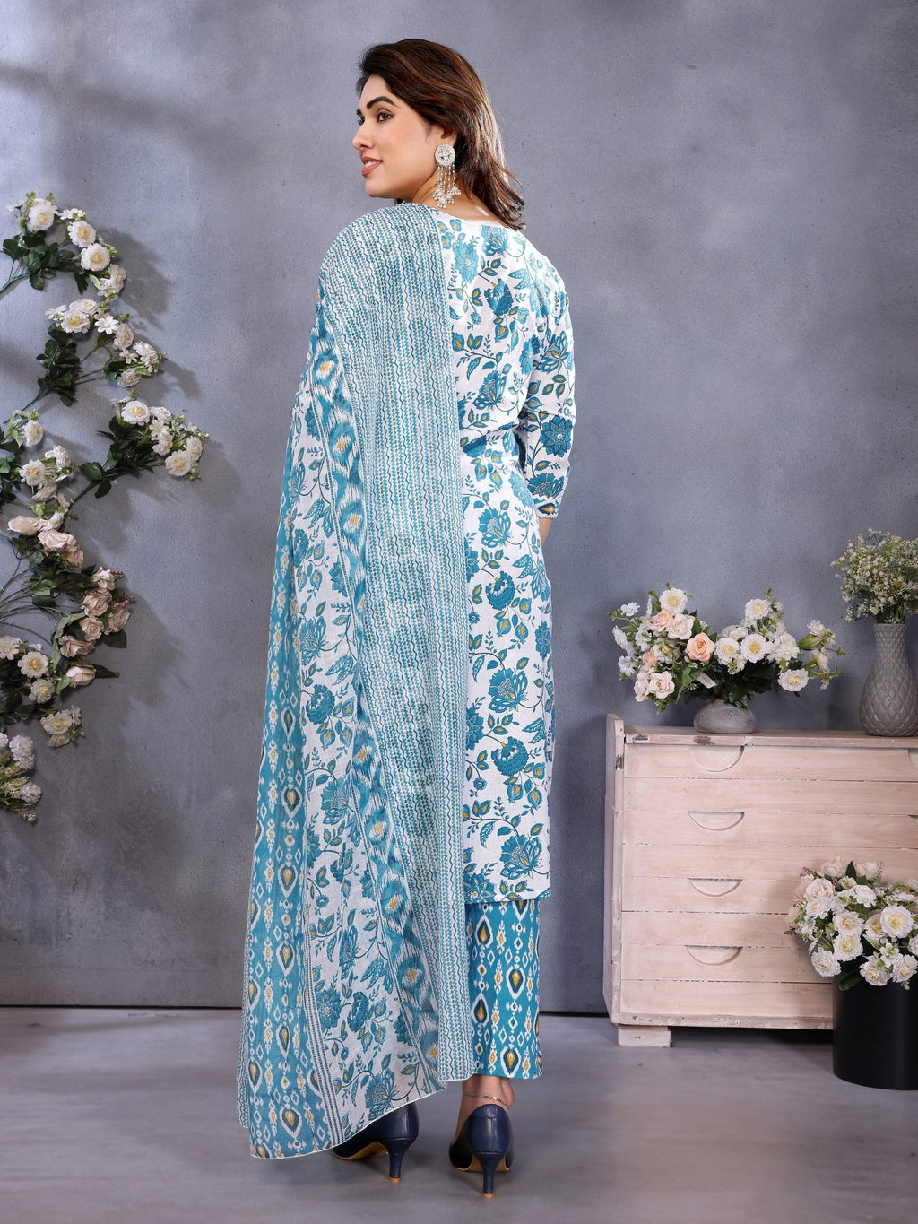 Blue Cotton Blend Kurta Set — back view with dupatta — Banwaree India