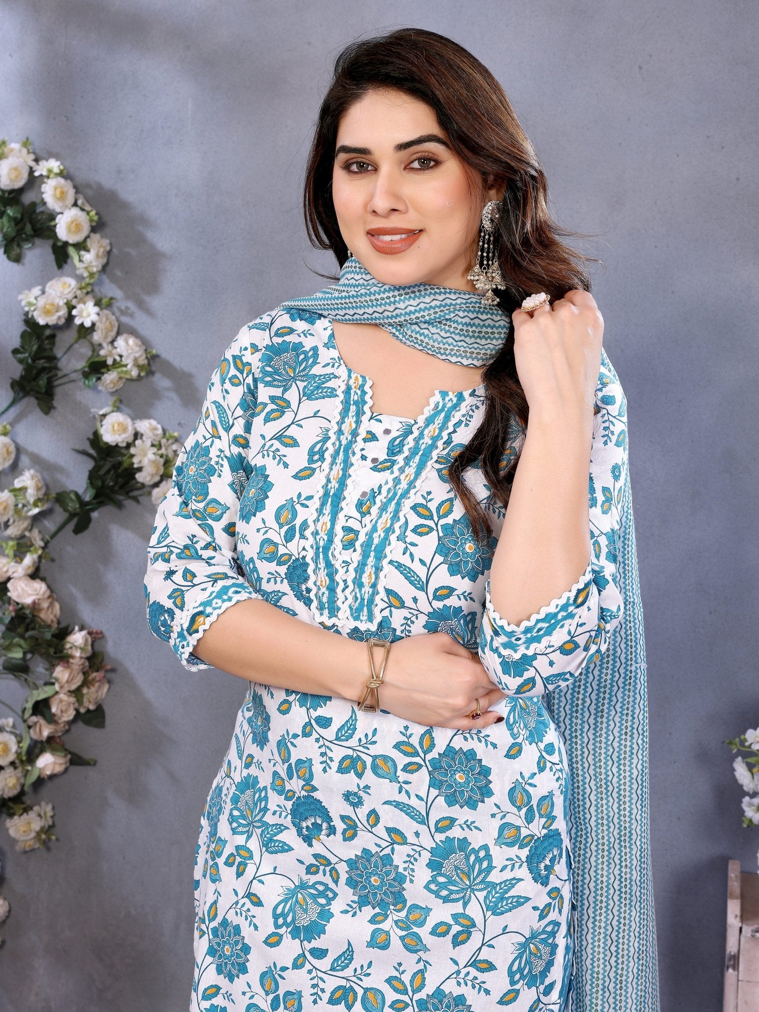 Blue Cotton Blend Kurta Set — fabric detail — Blue breathable cotton blend