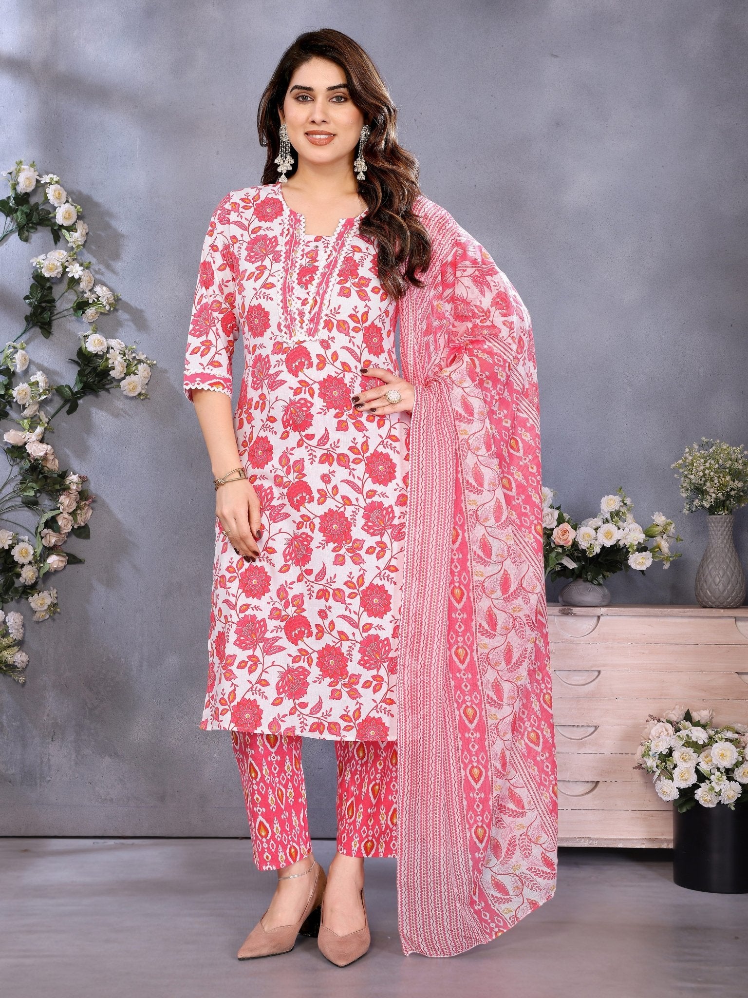 Pink Printed Kurta Set — front view — pure cotton ethnic wear women