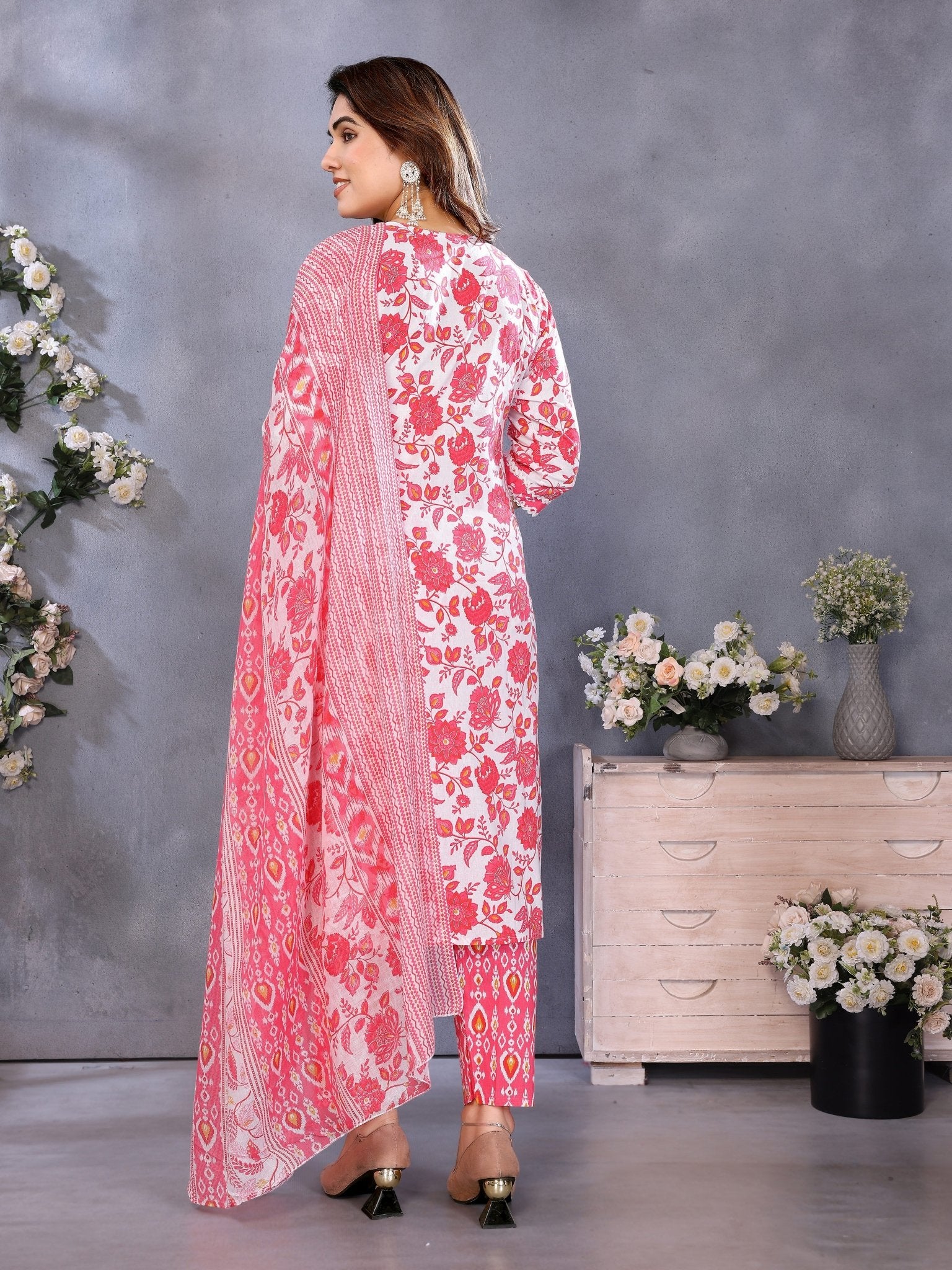 Pink Printed Kurta Set — back view with dupatta — Banwaree India 2