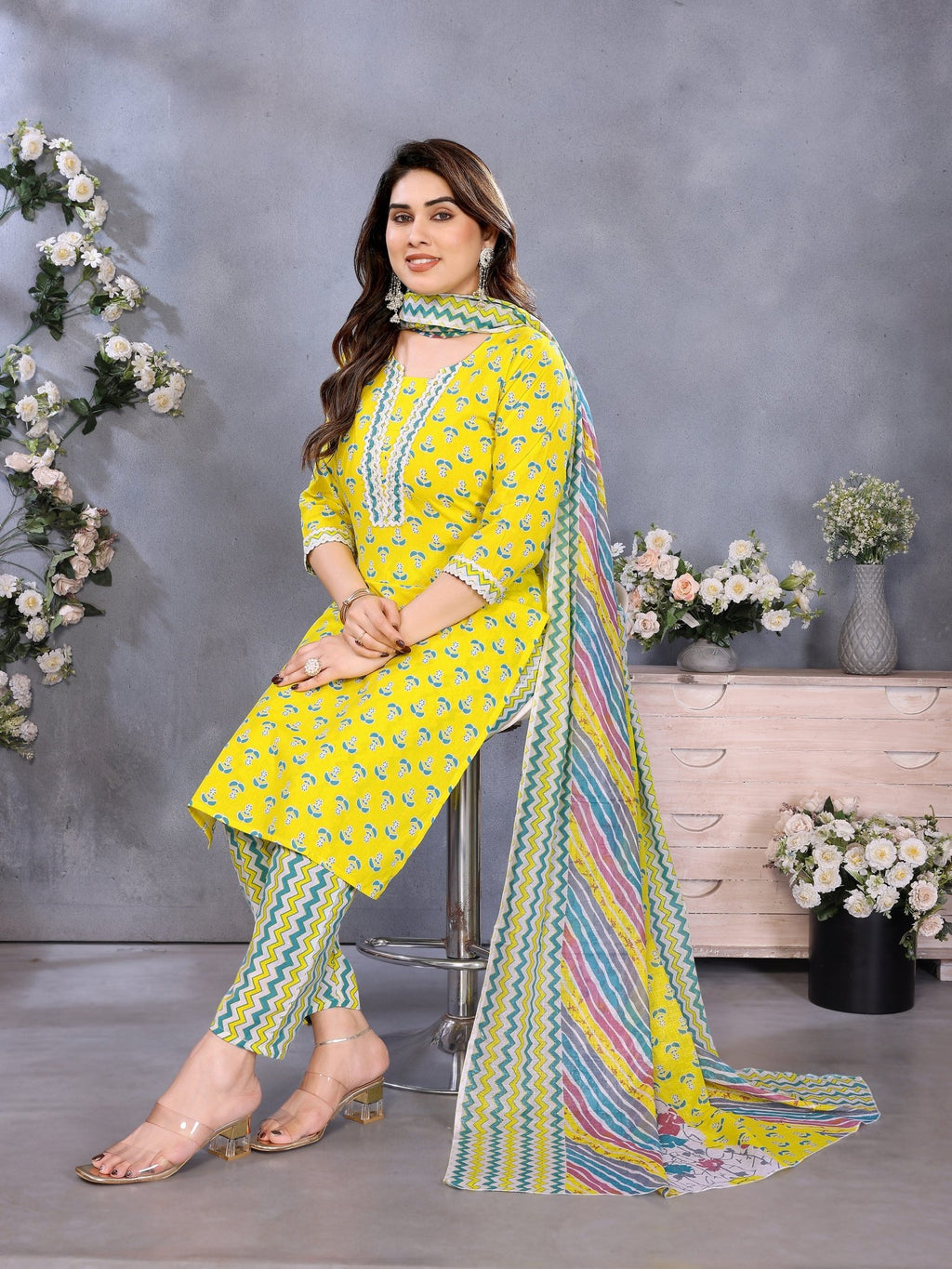 Yellow Printed Cotton Blend Kurta Set — front view — pure cotton ethnic wear women