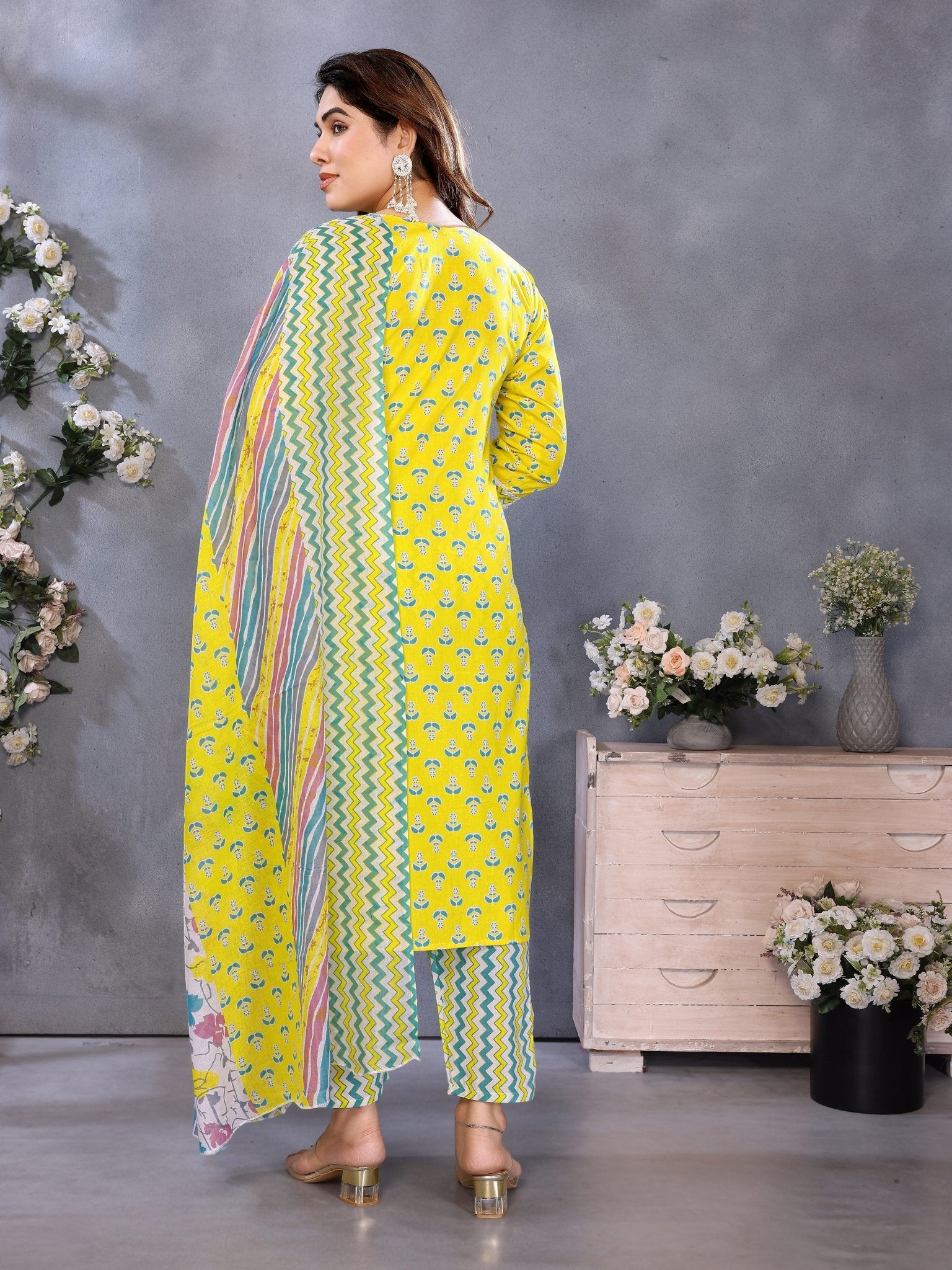 Yellow Printed Cotton Blend Kurta Set — back view with dupatta — Banwaree India
