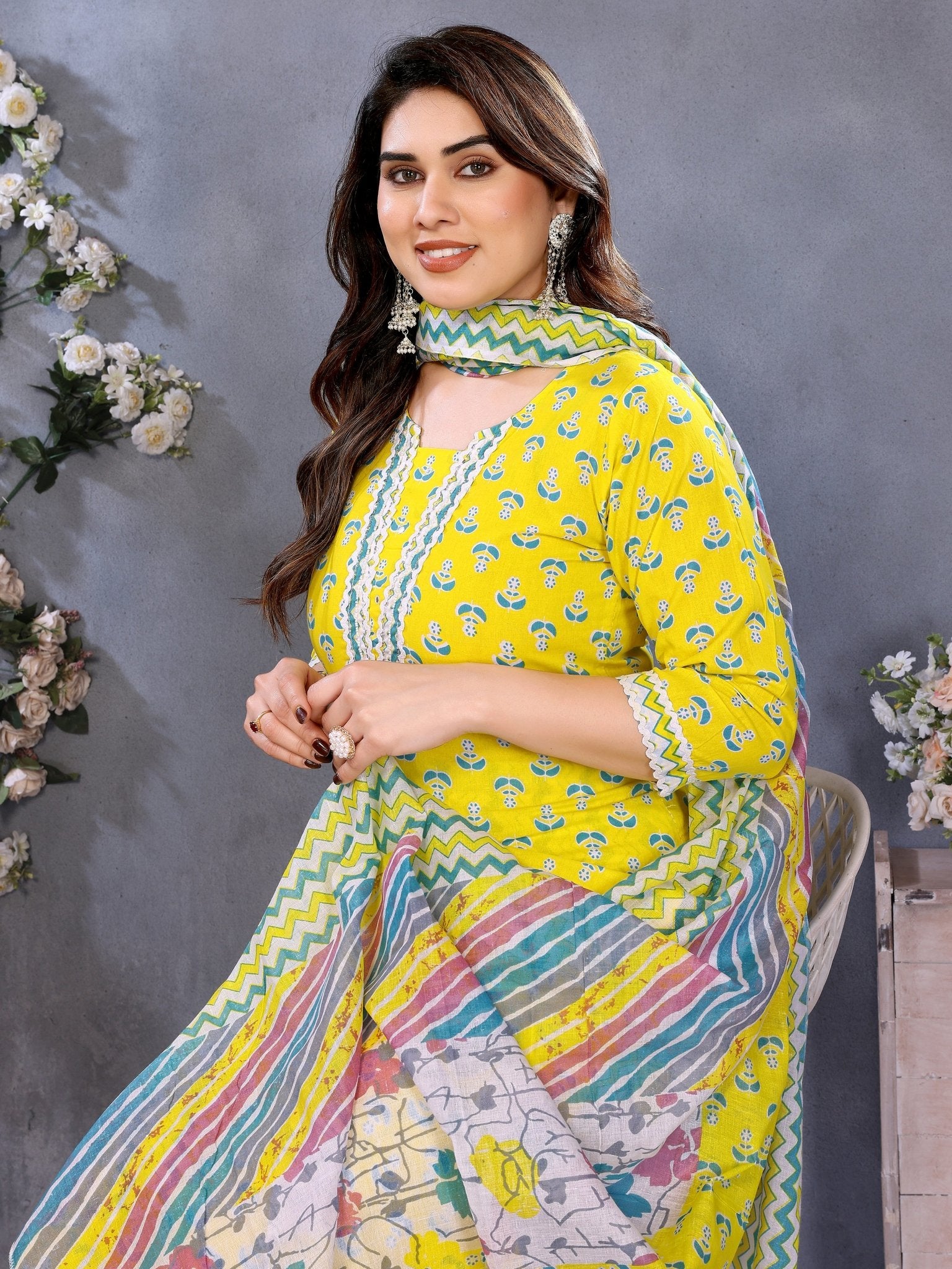 Yellow Printed Cotton Blend Kurta Set — fabric detail — Yellow breathable cotton blend