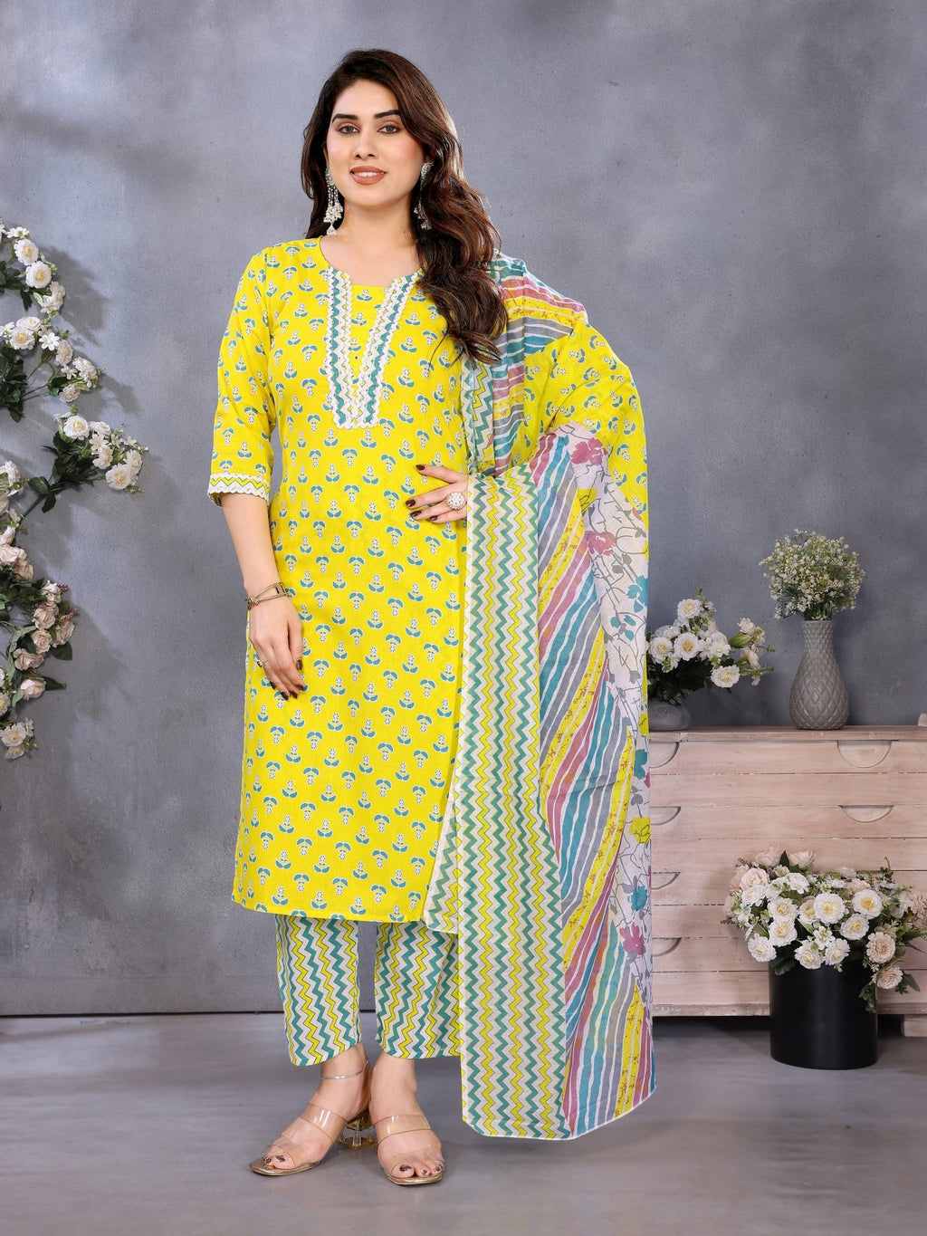 Yellow Printed Cotton Blend Kurta Set — festive styling — casual cotton blend — Banwaree