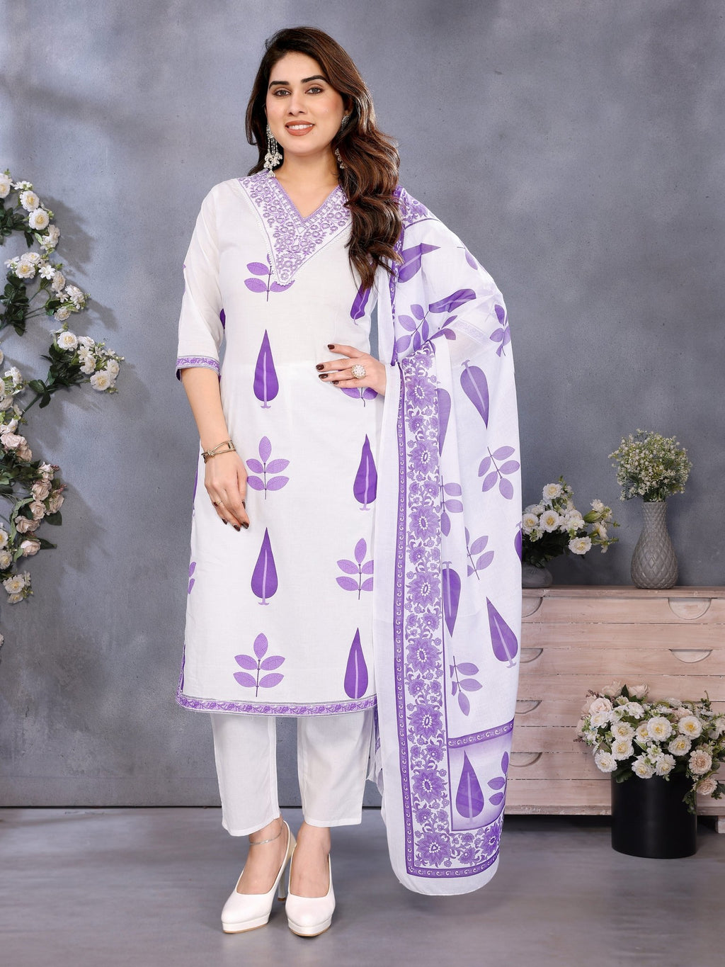 Purple Cotton Blend Printed Kurta Set — front view — pure cotton ethnic wear women