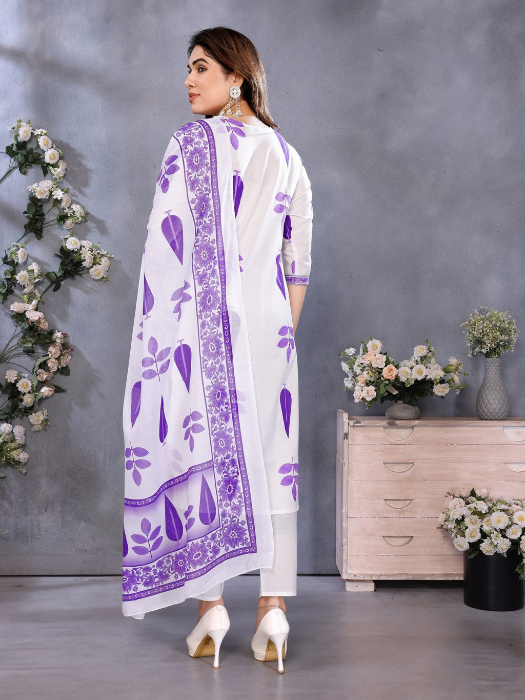Purple Cotton Blend Printed Kurta Set — back view with dupatta — Banwaree India