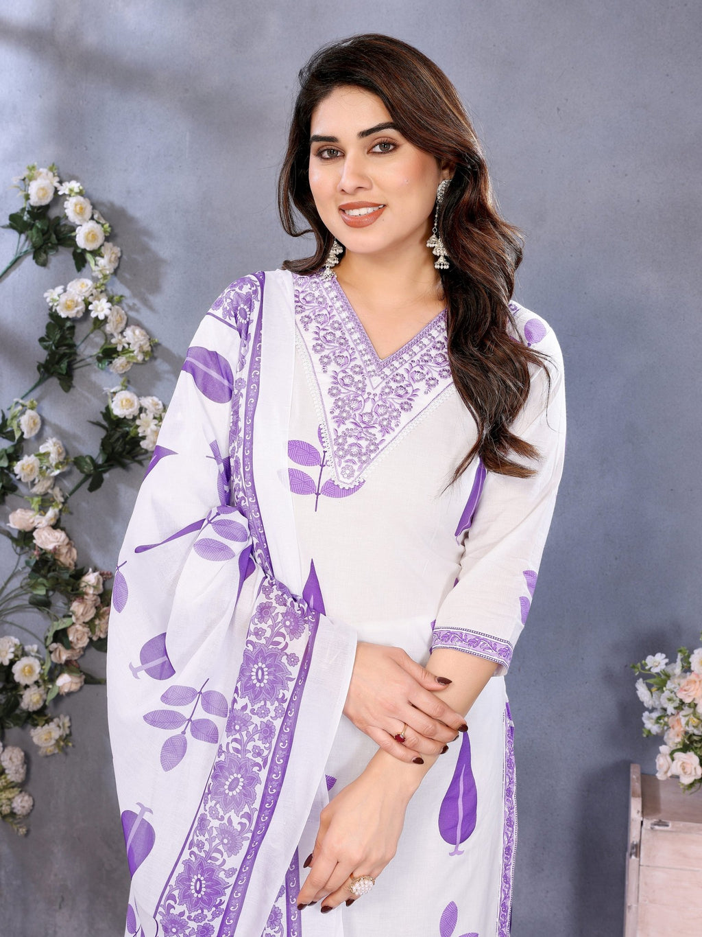 Purple Cotton Blend Printed Kurta Set — fabric detail — Purple breathable cotton blend