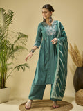 Green Embroidered Silk Blend Kurta Set — front view — festive silk kurti with dupatta