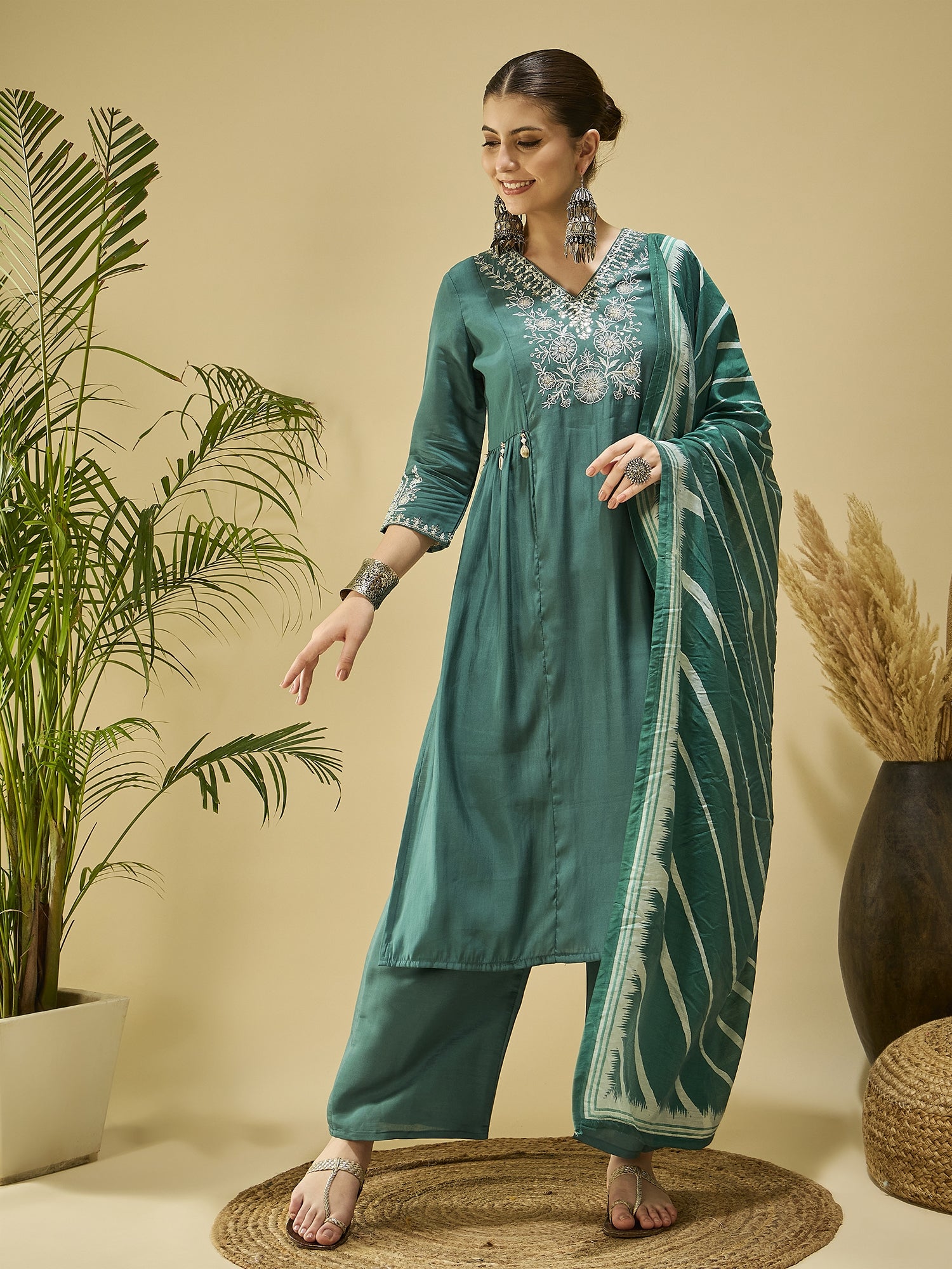 Green Embroidered Silk Blend Kurta Set — front view — festive silk kurti with dupatta