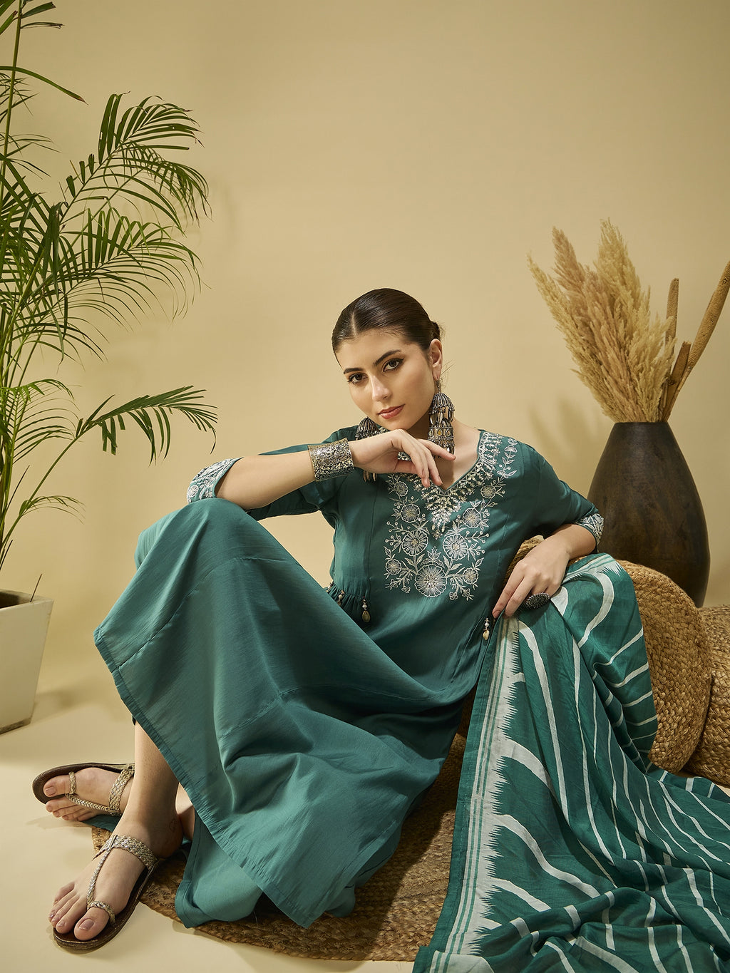 Green Embroidered Silk Blend Kurta Set — fabric detail — Green premium silk blend