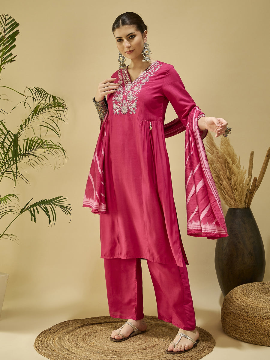 Pink Silk Blend Embroidered Kurta Set for Women with Dupatta