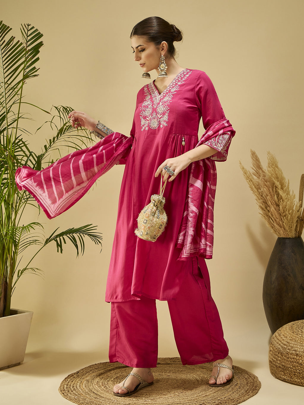 Pink Silk Blend Embroidered Kurta Set — side view — Pink Silk Blend women — Banwaree