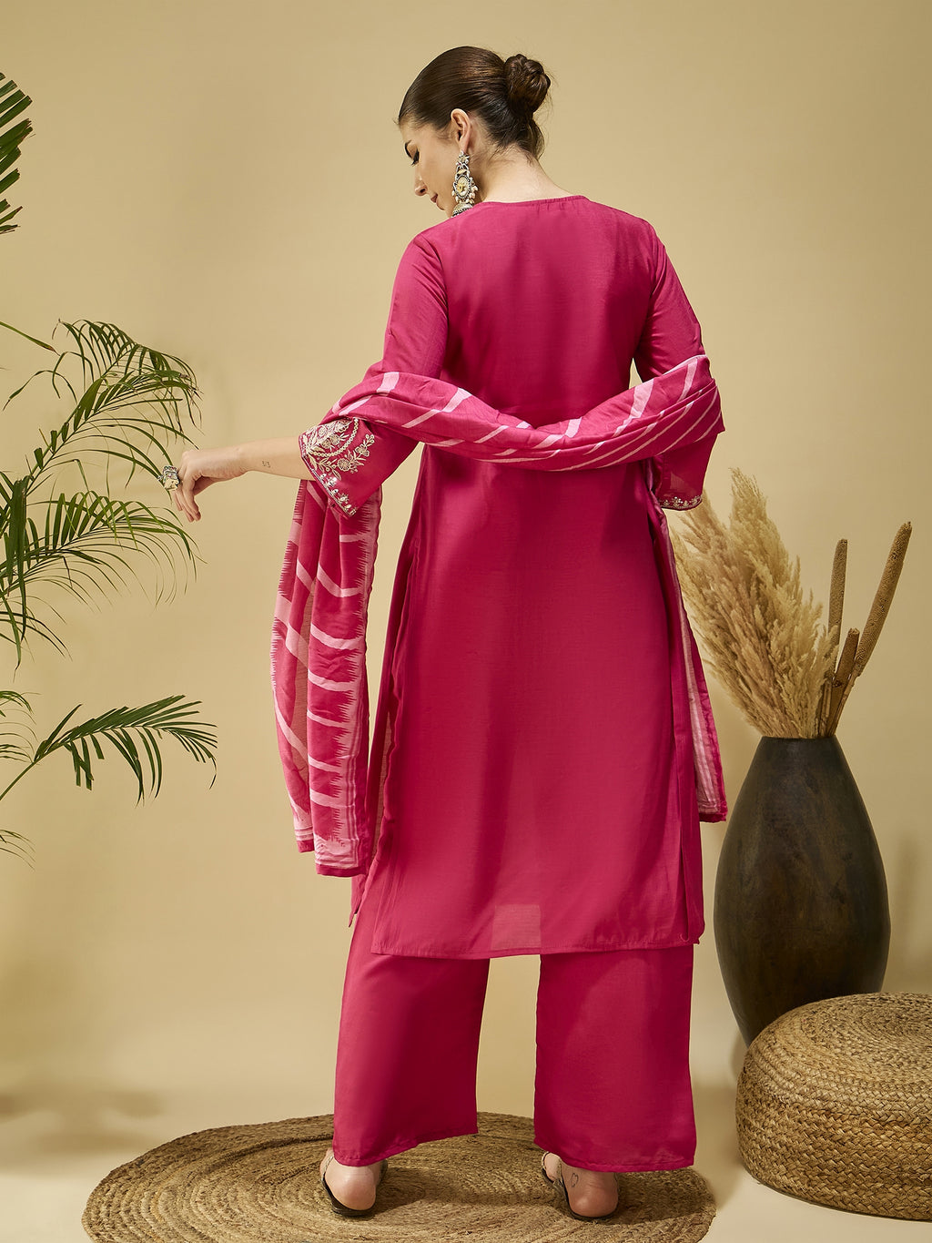 Pink Silk Blend Embroidered Kurta Set — back view with dupatta — Banwaree India