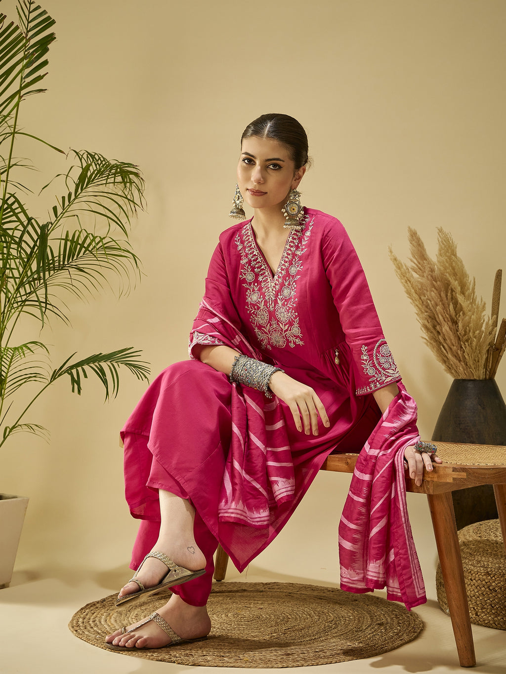 Pink Silk Blend Embroidered Kurta Set — fabric detail — Pink premium silk blend