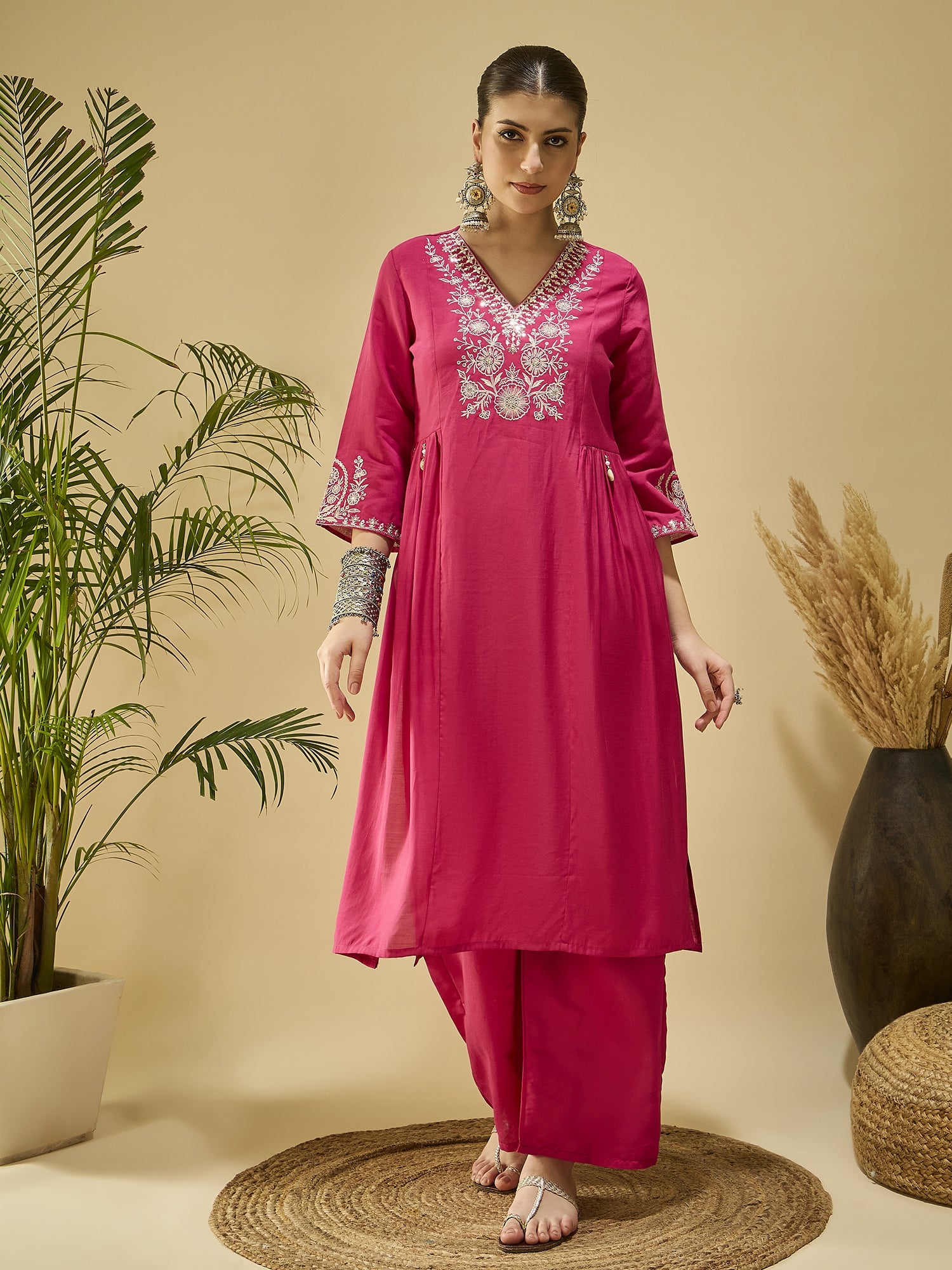 Pink Silk Blend Embroidered Kurta Set — complete 3-piece set — Pink Silk Blend